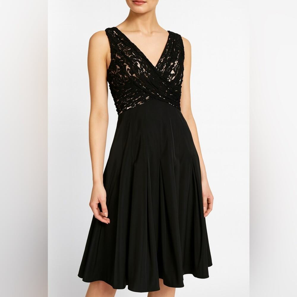 Adrianna Papell Women’s Sleeveless Black Lace Pleated Fit & Flare Cocktail Dress